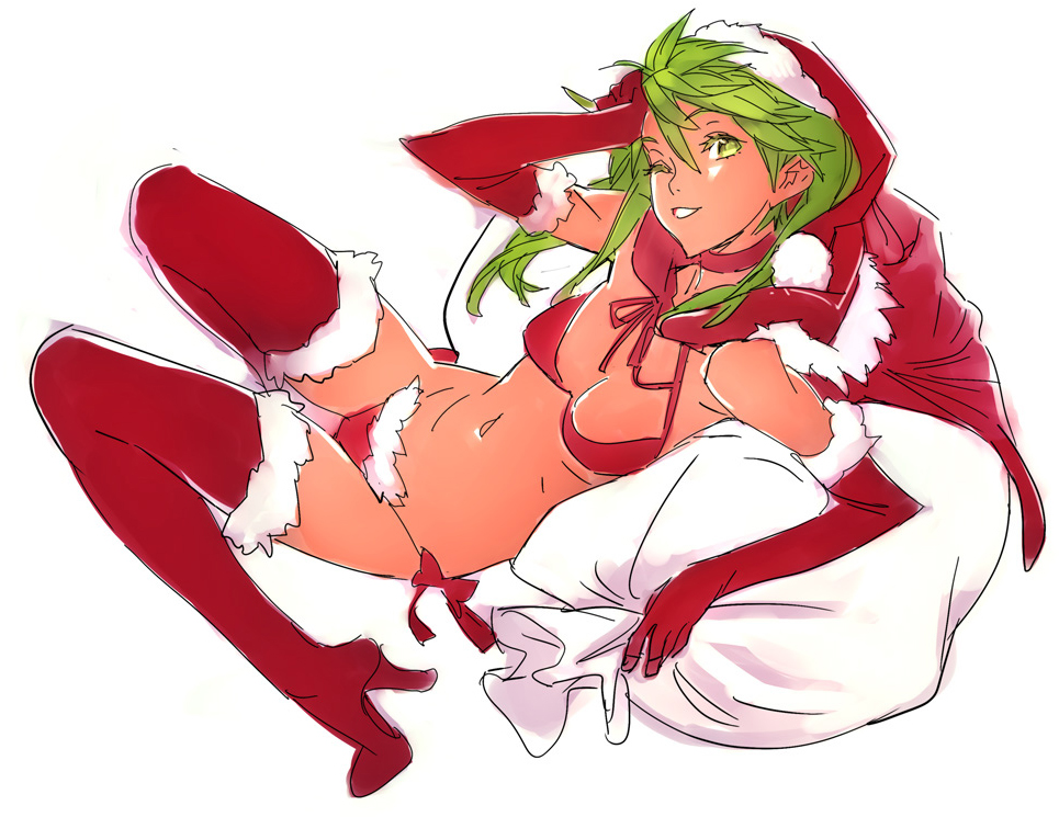 bag boots choker elbow_gloves full_body fur_trim gloves green_eyes green_hair grin hand_to_head hat high_heels hood long_hair looking_at_viewer navel nishieda one_eye_closed original red_gloves sack santa_costume santa_hat shoes simple_background sketch smile solo thigh_boots thighhighs white_background