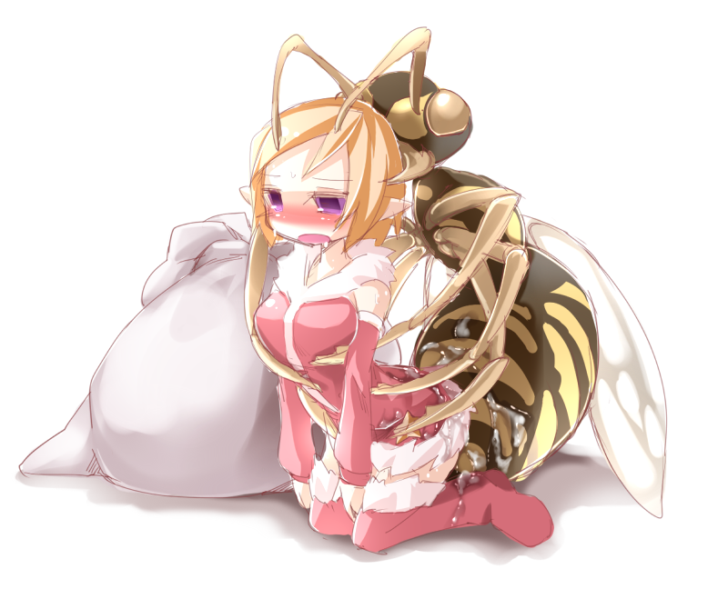 1girl bag bee bent_over bestiality blond_hair blonde_hair blush breasts cum cum_on_clothes empty_eyes frfr impregnation insect kneeling large_breasts monster open_mouth purple_eyes rape saliva santa_costume santa_outfit sex shoes sweat thighhighs vaginal zettai_ryouiki