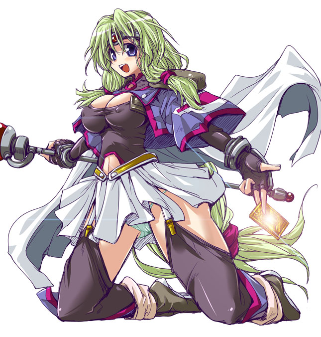 black_thighhighs blue_eyes breasts cape card cleavage elbow_gloves fingerless_gloves garter_straps gloves green_hair headband hirowa_nagi kneeling large_breasts long_hair open_mouth oppai panchira pantsu shoes skirt staff teeth thighhighs twin_tails