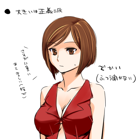 alternate_breast_size breasts brown_eyes brown_hair lowres medium_breasts meiko satou_m short_hair solo translated vocaloid