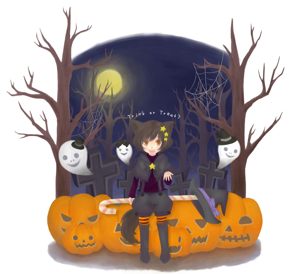 asmoco bow brown_eyes brown_hair candy candy_cane forest full_moon ghost graveyard halloween hat inumimi jack-o'-lantern kemonomimi moon night pumpkin short_hair spider_web tombstone tree trick_or_treat web witch_hat wolf_ears wolf_tail