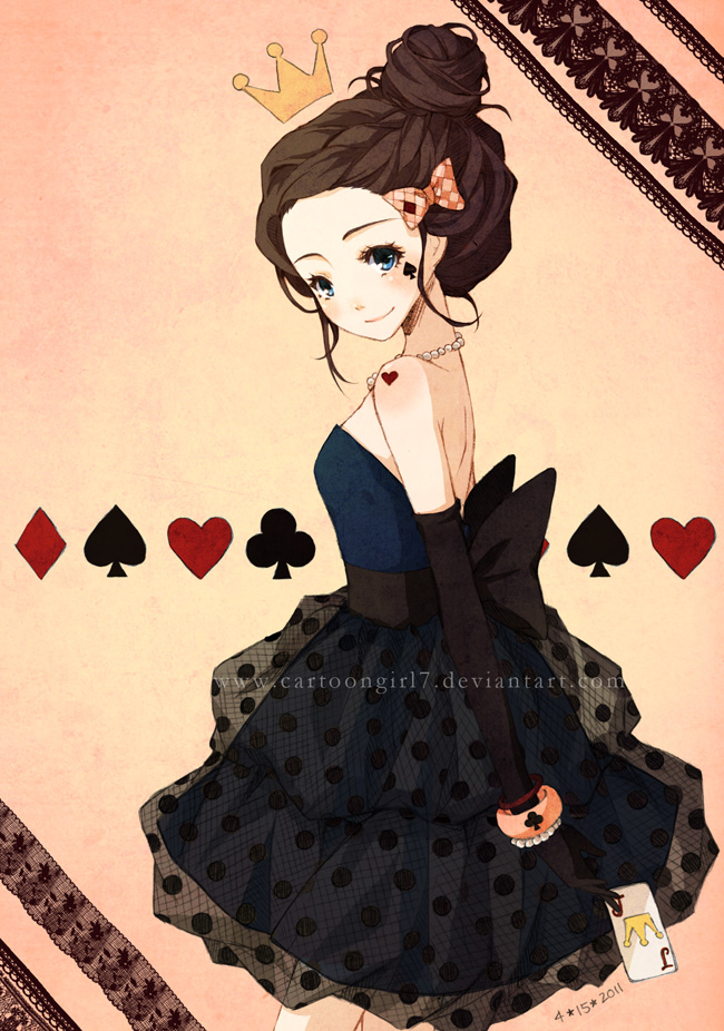 black_gloves blue_eyes bow bracelet brown_hair card club_(shape) crown diamond_(shape) dress elbow_gloves gloves hair_ornament heart holding holding_card jewelry joanna_(mojo!) lace necklace original pearl playing_card_theme ribbon smile solo spade_(shape) traditional_media watermark