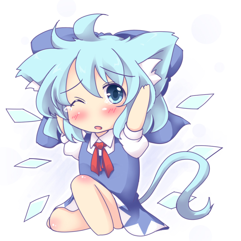 animal_ears blue_dress blue_eyes blue_hair blush bow cat_ears cat_tail chibi cirno dress hair_bow hands_on_own_head kemonomimi_mode lozelia one_eye_closed open_mouth sitting solo tail tears touhou wings