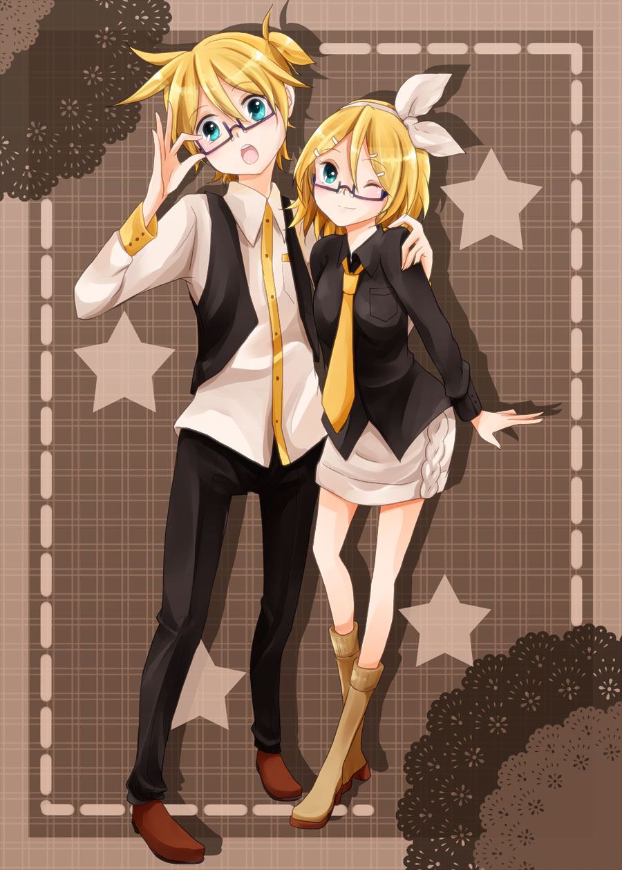 blonde_hair blue_eyes blush boots bow casual glasses hair_bow hair_ornament hairclip highres kagamine_len kagamine_rin natsu_(natume0504) necktie open_mouth ponytail short_hair siblings skirt smile twins vest vocaloid wink