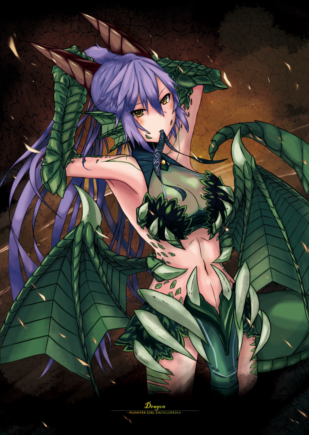 bad_id bad_pixiv_id breasts cleavage dragon dragon_(monster_girl_encyclopedia) dragon_girl dragon_wings green_wings heart highres horns large_breasts monster_girl monster_girl_encyclopedia purple_hair ribbon scales see-through solo sud_(sudea) tail wings