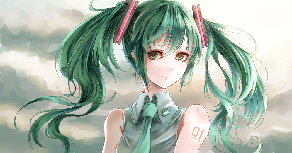 bad_id bad_pixiv_id banned_artist cloud green_eyes green_hair hatsune_miku long_hair necktie paseri smile solo twintails upper_body vocaloid