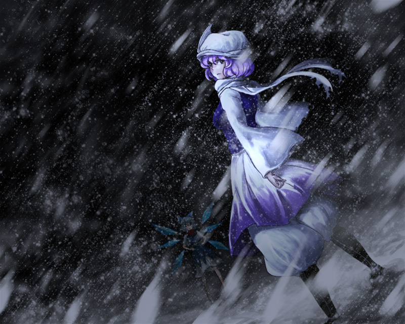 cirno crystal ice kitayuki_kajika letty_whiterock multiple_girls scarf snow touhou wings