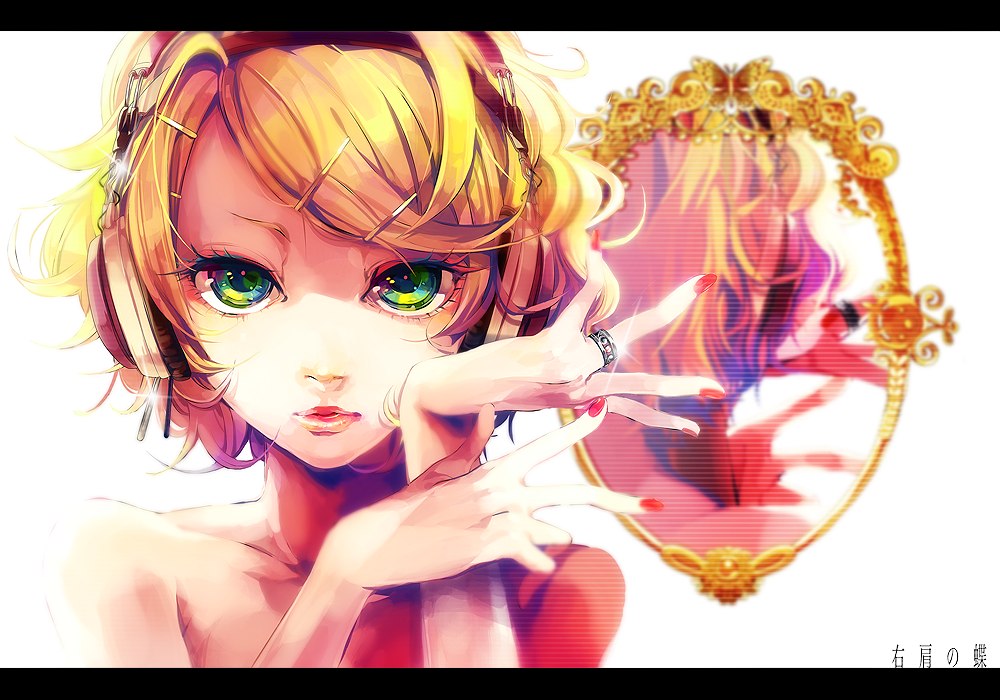 akiakane alternate_hairstyle arms_up bangs blonde_hair bug butterfly colored_eyelashes eyelashes fingernails hair_ornament hairclip headphones insect jewelry kagamine_rin letterboxed lips lipstick looking_at_viewer makeup md5_mismatch migikata_no_chou_(vocaloid) mirror nail_polish nude portrait red_nails reflection ring short_hair solo sparkle swept_bangs text_focus vocaloid wavy_hair white_background
