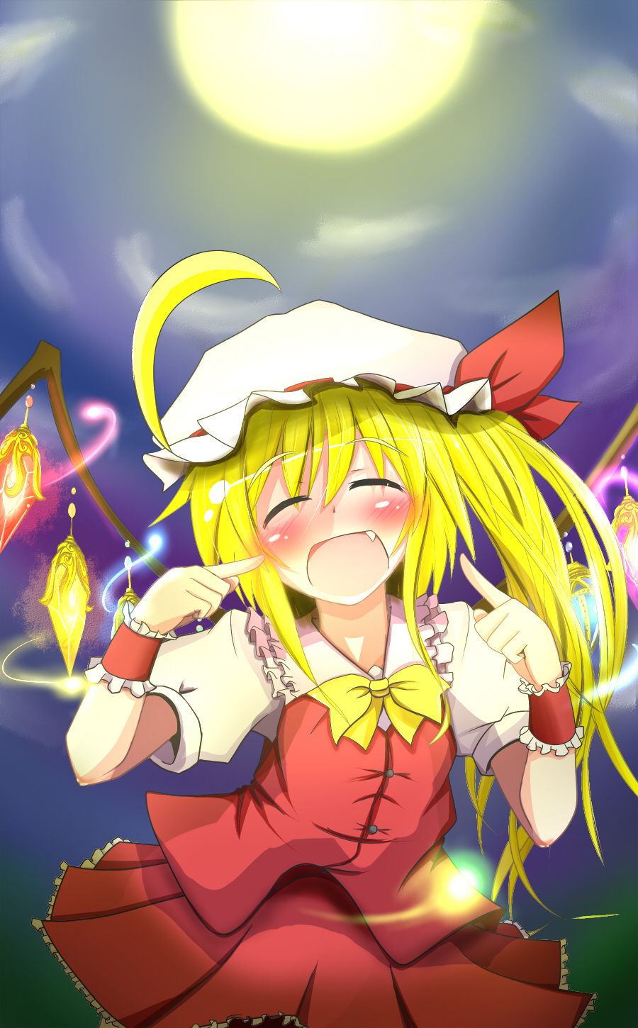 ascot blonde_hair blush bow closed_eyes dress fang flandre_scarlet happy hat highres open_mouth pointing ponytail rindou_(p41neko) short_hair side_ponytail solo touhou wings wrist_cuffs