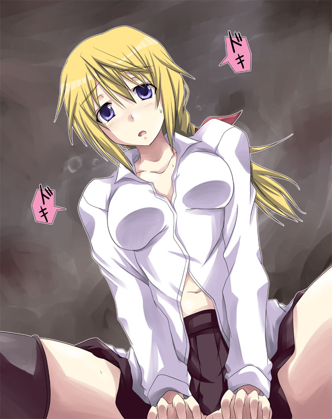 blonde_hair charlotte_dunois infinite_stratos long_hair mister_(black_and_white) navel open_clothes open_shirt purple_eyes shirt solo thighhighs