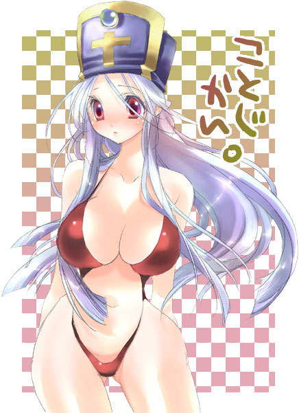 artist_request blue_hair blush breasts dragon_quest dragon_quest_iii large_breasts long_hair navel priest_(dq3) red_eyes revealing_swimsuit_(dq) solo swimsuit