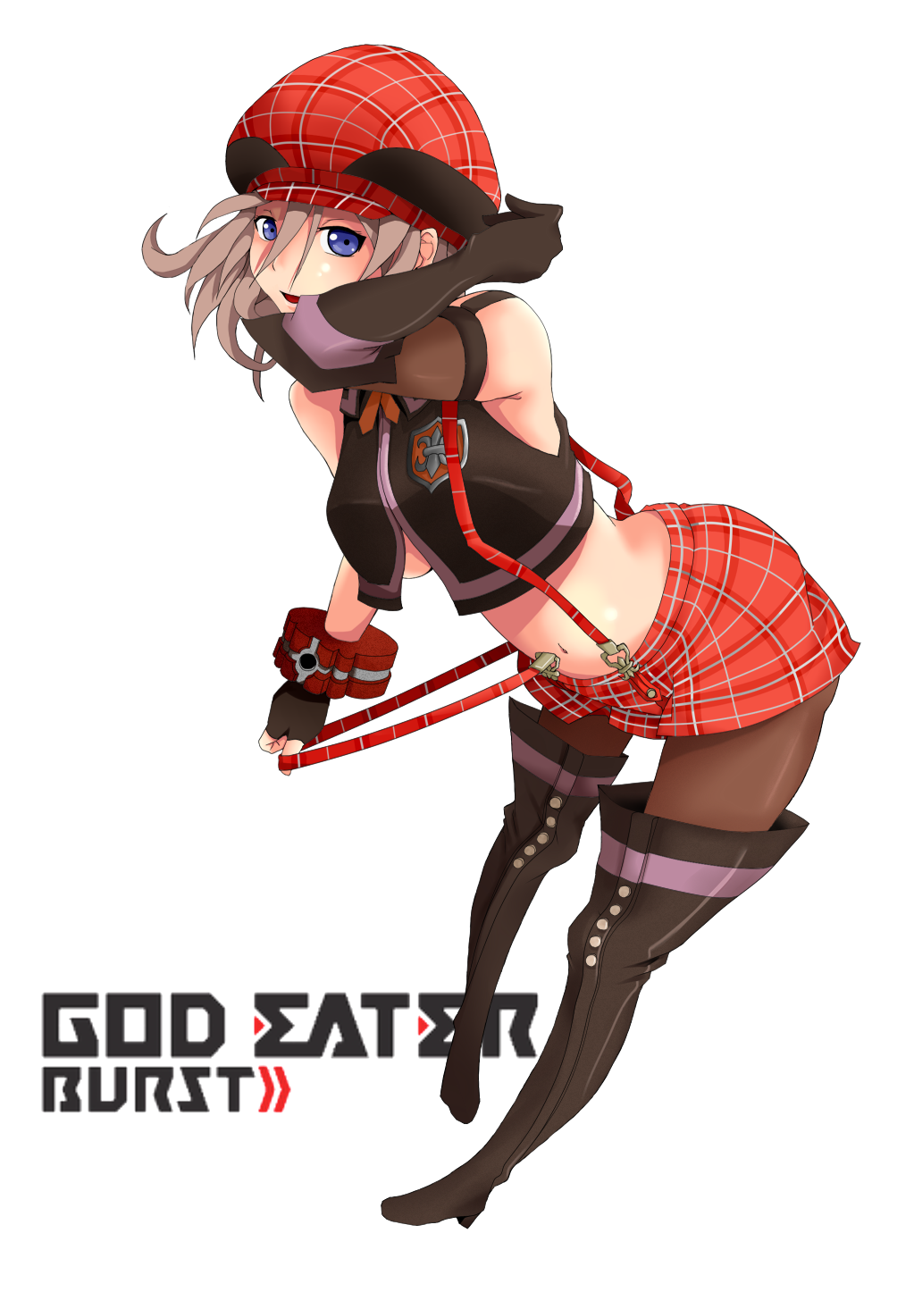 ahai alisa_ilinichina_amiella arm_up armpits blue_eyes blush_stickers boots crop_top crop_top_overhang elbow_gloves fingerless_gloves gloves god_eater god_eater_burst hat highres long_hair looking_at_viewer pantyhose silver_hair simple_background skirt solo suspender_skirt suspenders thigh_boots thighhighs white_background