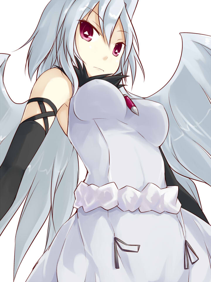 angel_wings breasts dress elbow_gloves engi_threepiece gloves jewelry kuro_(be_ok) long_hair looking_at_viewer medium_breasts pendant purple_eyes simple_background solo symbol-shaped_pupils white_background white_hair wings yumekui_merry