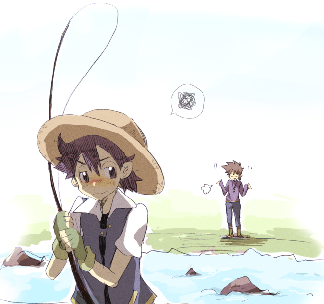 2boys angry blush child fishing_rod hat multiple_boys ookido_shigeru pokemon pokemon_(anime) raika_(artist) river satoshi_(pokemon) straw_hat