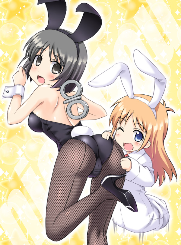 animal_ears ass black_eyes black_hair black_legwear blue_eyes bunny_ears bunny_girl bunny_tail bunnysuit fishnet_pantyhose fishnets high_heels jumping labcoat long_hair masakichi_(crossroad) multiple_girls nichijou one_eye_closed orange_hair pantyhose professor_shinonome shinonome_nano shoes short_hair tail winding_key