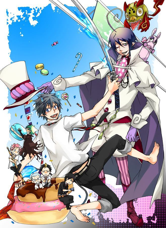 :d ^_^ ^o^ amaimon ao_no_exorcist bad_id bad_pixiv_id blue_fire blue_sky brothers closed_eyes day fire flaming_sword formal hat hat_removed headwear_removed holding holding_sword holding_weapon long_sleeves looking_at_viewer male_focus mephisto_pheles miwa_konekomaru multiple_boys necktie okumura_rin okumura_yukio open_mouth outdoors pants pink_legwear pointy_ears shima_renzou siblings sky smile striped striped_legwear suguro_ryuuji suit sword tail top_hat unsheathed weapon yoda_(hry)