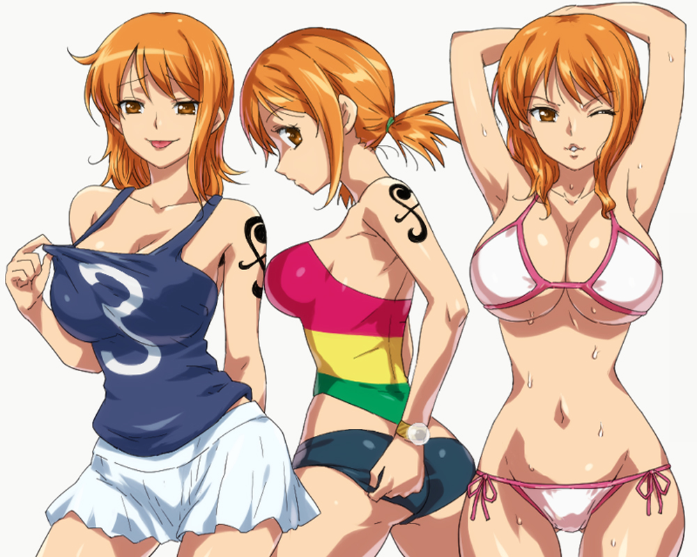 :p armpits arms_up ass bare_shoulders bikini bracelet breasts brown_eyes cleavage clothes_writing clothing_writing hairu jewelry large_breasts looking_back nami navel one_piece orange_hair short_hair side-tie_bikini simple_background smile sweat swimsuit tank_top tongue wink