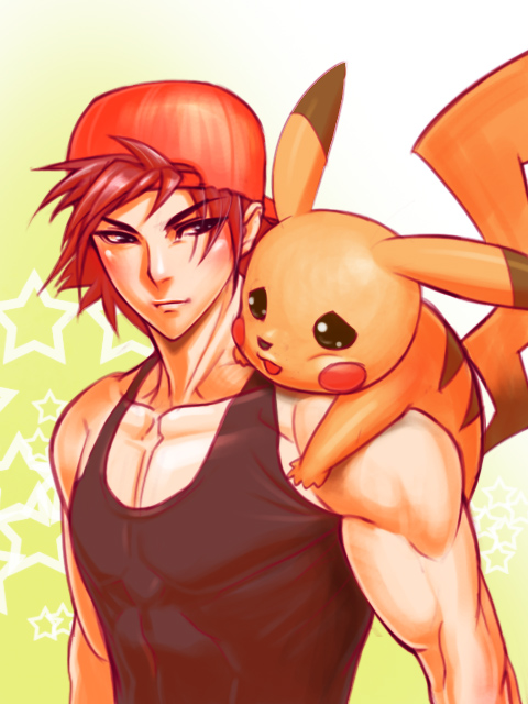 abs absurdres animal baseball_cap bishounen child gradient gradient_background hat male male_focus muscle pikachu pokemon satoshi_(pokemon) solo what