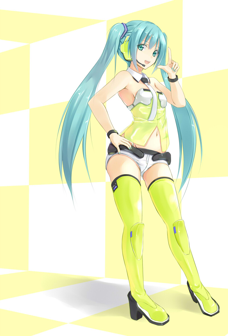 aqua_eyes aqua_hair armpits bare_shoulders boots bracelet checkered checkered_background detached_collar hand_on_hip hatsune_miku headset high_heels jewelry konimaru long_hair nail_polish necktie open_mouth pointing pointing_up project_diva_(series) project_diva_2nd shoes solo thigh_boots thighhighs twintails very_long_hair vocaloid yellow yellow_(vocaloid) yellow_legwear
