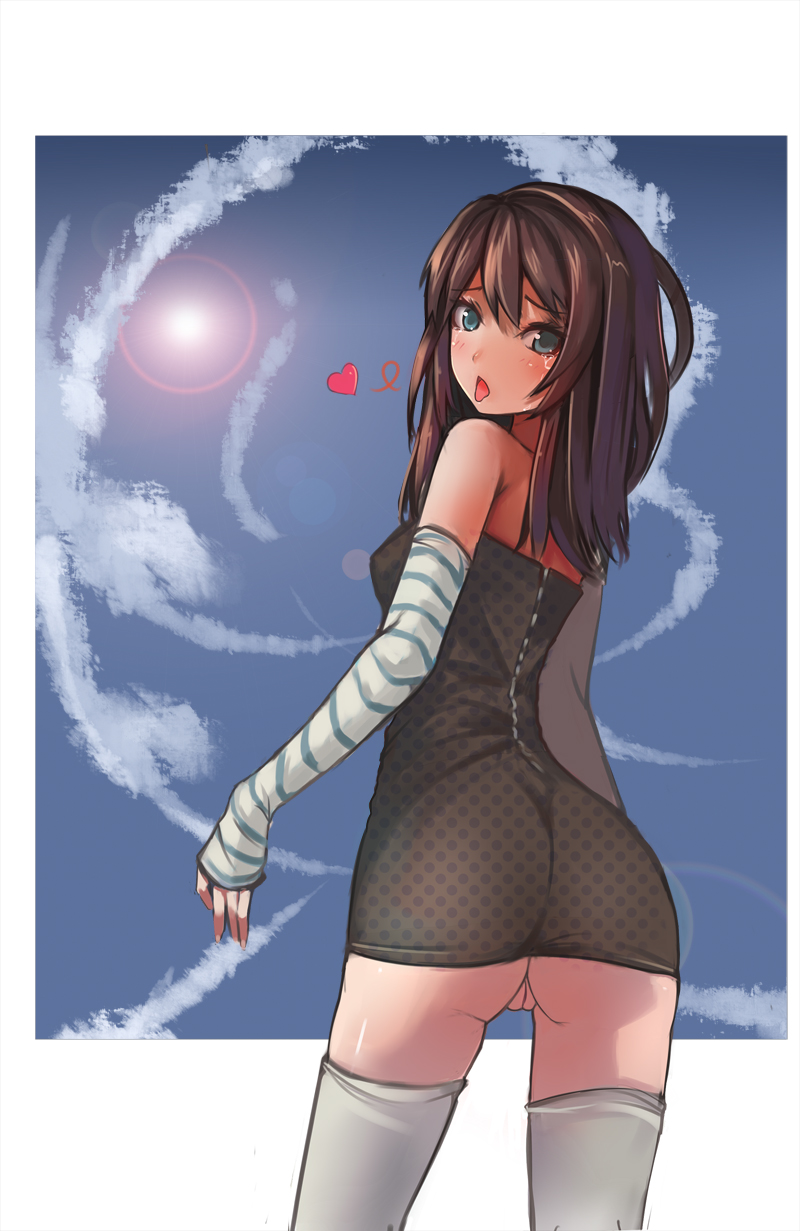 ass brown_hair cloud detached_sleeves dress green_eyes heart highres huansewuse long_hair no_panties original pussy sky solo striped tears thighhighs tongue