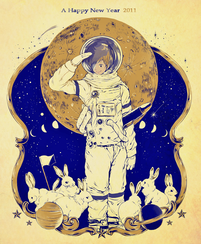 androgynous astronaut bunny flag full_moon moon moon_phases new_year original planet sky solo star too_many too_many_bunnies waka54