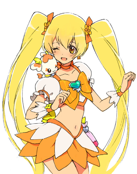 bad_id bad_pixiv_id blonde_hair bow choker cure_sunshine hair_ribbon heartcatch_precure! hirosuke_(psychexx) long_hair magical_girl midriff myoudouin_itsuki navel one_eye_closed open_mouth orange_bow orange_choker potpourri_(heartcatch_precure!) precure ribbon skirt solo twintails yellow_bow yellow_eyes