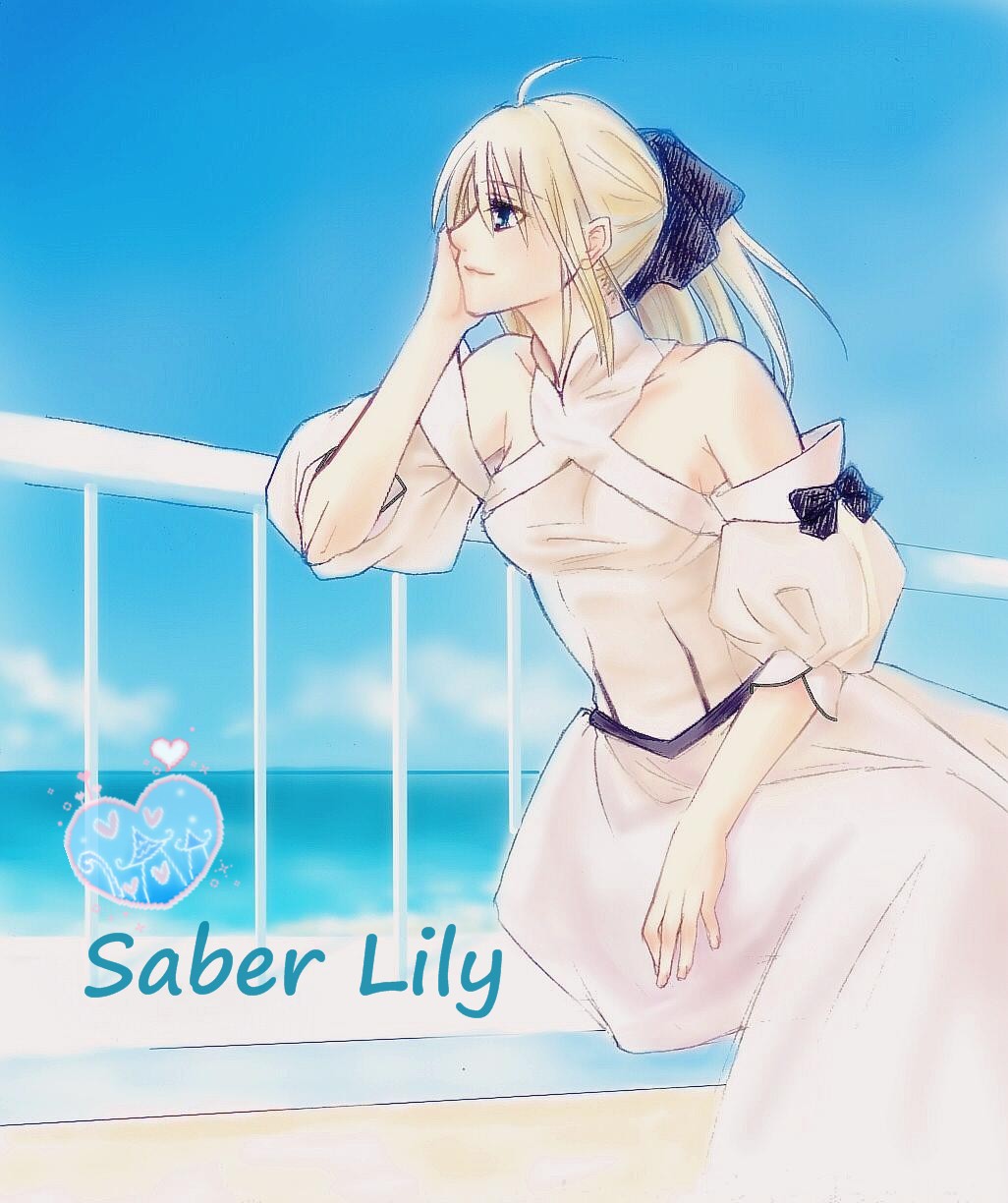3_(zephyr) ahoge artoria_pendragon_(all) bare_shoulders blonde_hair detached_sleeves fate/stay_night fate/unlimited_codes fate_(series) green_eyes hair_ribbon hand_on_own_head highres ponytail ribbon saber saber_lily solo