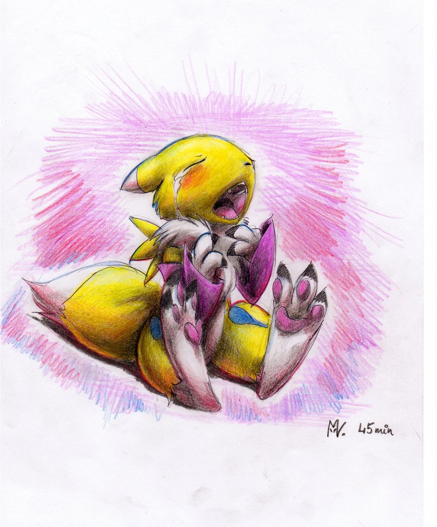 arm_gloves blush canine chest_tuft chibi child claws crying cute digimon elbow_gloves eyes_closed fox gloves markings open_mouth paws renamon simple_background sitting yellow zummeng
