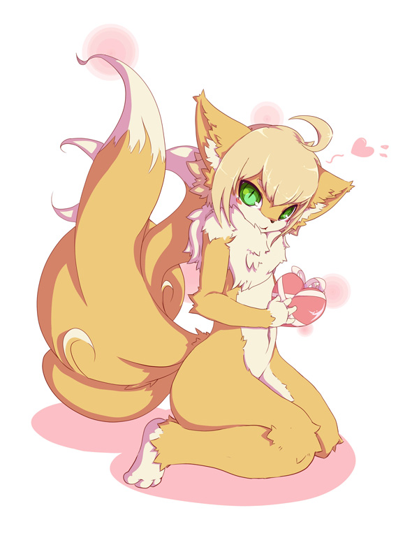 &hearts; ??? blush canine female fox green_eyes higoro holidays kitsune kneeling looking_at_viewer mammal multiple_tails nude plain_background solo tail valentine's_day valentines_day white_background