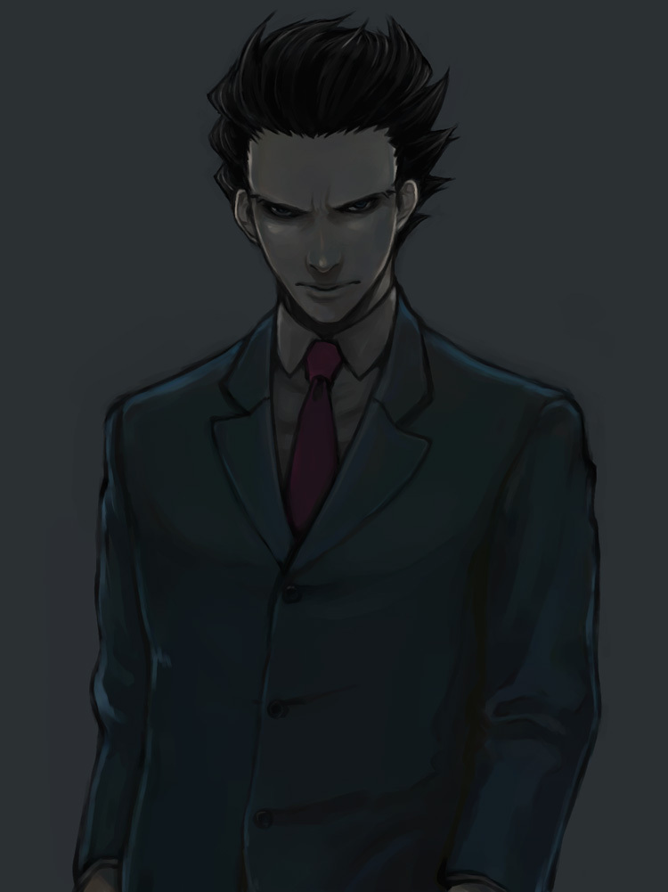 black_hair blue_eyes dark formal frown gyakuten_saiban lips male_focus naruhodou_ryuuichi necktie nijim solo spiked_hair suit