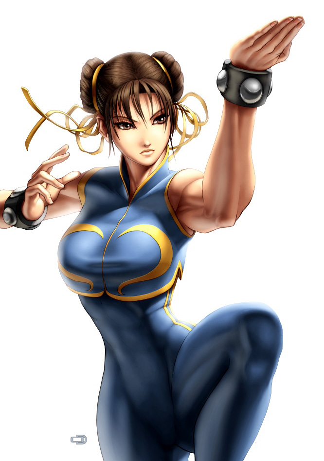 abs arm_up bangs bracelet breasts brown_eyes brown_hair chun-li crop_top double_bun double_vertical_stripe fighting_stance foreshortening hair_between_eyes hair_ribbon hands huge_breasts jewelry leg_lift lips looking_away muscle narrow_waist official_art omar_dogan ribbon shirt simple_background skin_tight sleeveless solo spread_legs standing standing_on_one_leg street_fighter striped taut_clothes taut_shirt thick_thighs thighs turtleneck udon_entertainment unitard white_background wide_hips