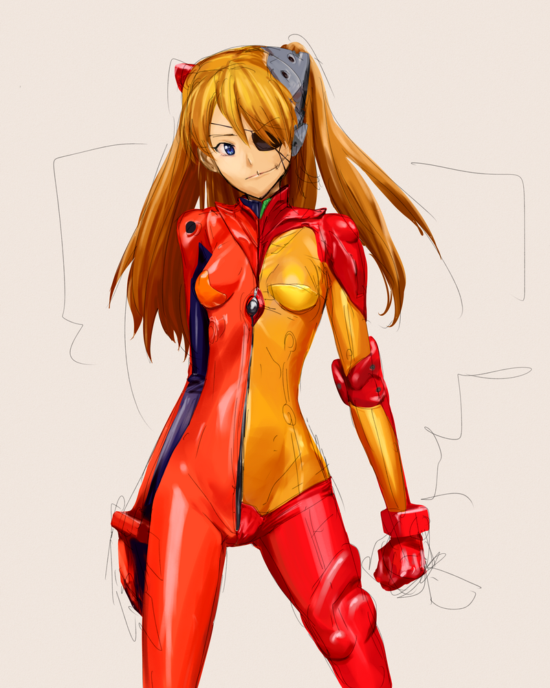 asymmetrical_clothes bangs blue_eyes bodysuit bracer breasts cowboy_shot eyepatch gloves grey_background hair_ornament long_hair looking_to_the_side makacoon multicolored multicolored_bodysuit multicolored_clothes neon_genesis_evangelion orange_bodysuit orange_hair pilot_suit plugsuit rebuild_of_evangelion red_bodysuit see-through shikinami_asuka_langley simple_background sketch skinny small_breasts solo souryuu_asuka_langley split_theme standing stitches test_plugsuit turtleneck twintails two_side_up
