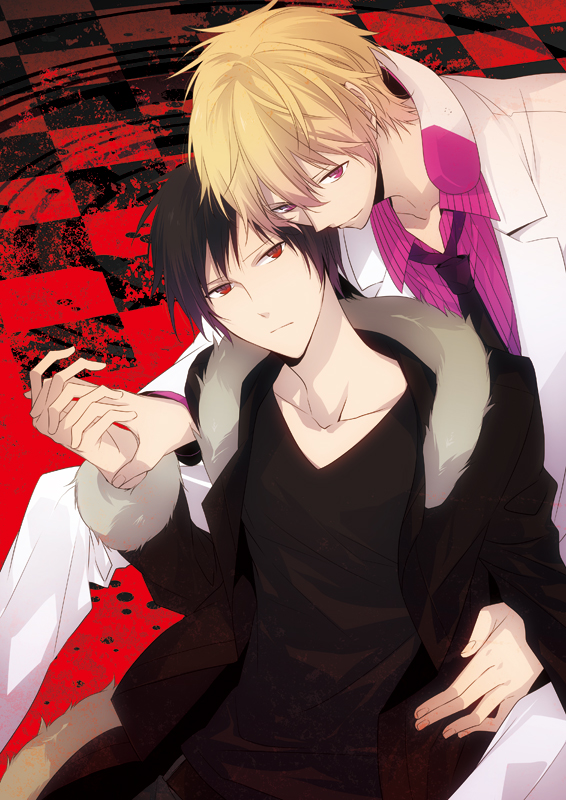 alternate_color bad_id bad_pixiv_id black_hair blonde_hair coat durarara!! formal fur_trim heiwajima_shizuo holding_hands hug hug_from_behind male_focus multiple_boys orihara_izaya red_eyes suit xia_(ryugo)