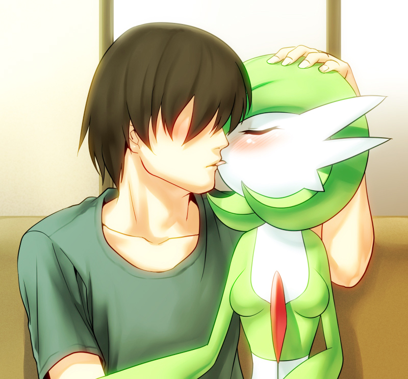 anthropomorphization blush breasts brown_hair eyes_closed faceless faceless_male female french_kissing gardevoir green_hair hand_on_head human interspecies kiss kissing male mammal nintendo nme pok&#233;mon pok&#233;philia pokemon straight unknown_artist video_games