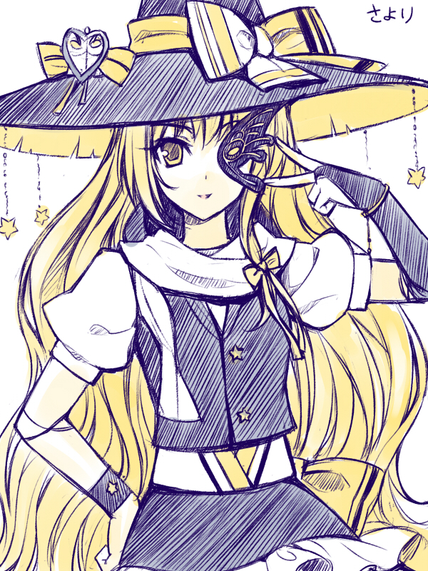 bad_id bad_pixiv_id blonde_hair bow butterfly_mask hair_bow hand_on_hip hat kirisame_marisa long_hair sayori sketch solo star touhou upper_body v witch_hat yellow_eyes