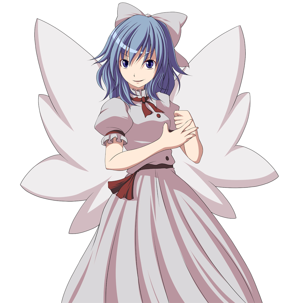 bad_id bad_pixiv_id blue_eyes blue_hair bow clenched_hand dress hair_bow mai_(touhou) pink_dress s-syogo smirk solo touhou touhou_(pc-98) wings