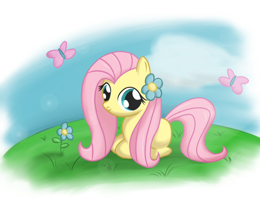 blue_eyes butterfly cloud cute equine female feral flower fluttershy_(mlp) friendship_is_magic grass hair horse insect lying mammal my_little_pony pegasus pink_hair pony sky smile solo speccysy young