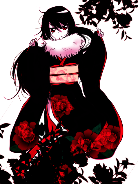 action73 black_hair female flower japanese_clothes kaibutsu_oujo kamura_reiri long_hair plant red_eyes solo white_background