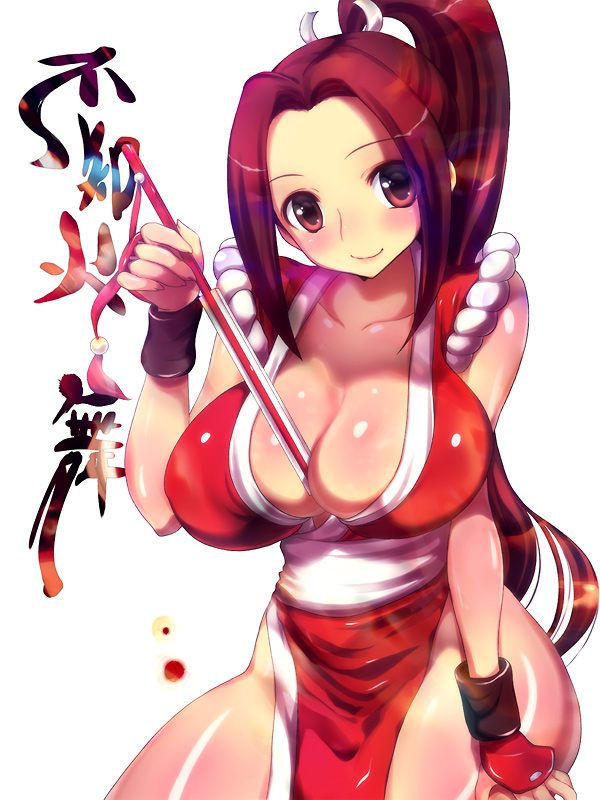 bad_id bad_pixiv_id between_breasts breasts brown_eyes brown_hair cleavage closed_fan curvy enomoto_hidehira fan fatal_fury folding_fan hips huge_breasts japanese_clothes long_hair pelvic_curtain ponytail revealing_clothes shiranui_mai simple_background sitting smile solo the_king_of_fighters wide_hips