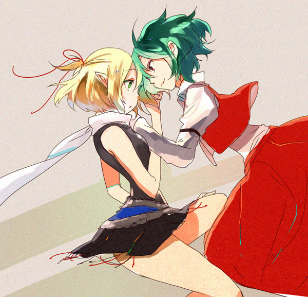 bad_id bad_pixiv_id bare_legs bare_shoulders blonde_hair face-to-face forehead-to-forehead green_eyes green_hair kazami_yuuka long_arms mizuhashi_parsee multiple_girls pointy_ears red_eyes scarf short_hair simple_background sleeveless touhou ume_(plumblossom) yuri