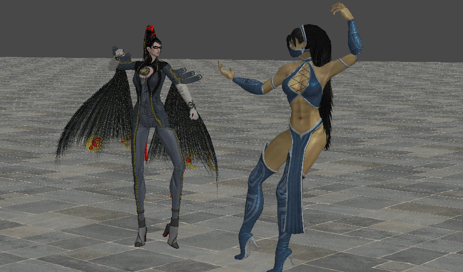 bayonetta bayonetta_(character) black_bodysuit black_leather_bodysuit blue_bra blue_loin_cloth blue_thigh_high_boots cleavage crossover earrings fighting_stance fist glasses gold_chain high_heels highheels kitana leather_bodysuit long_black_hair mask mortal_kombat red_ribbon thigh_high_boots white_gloves