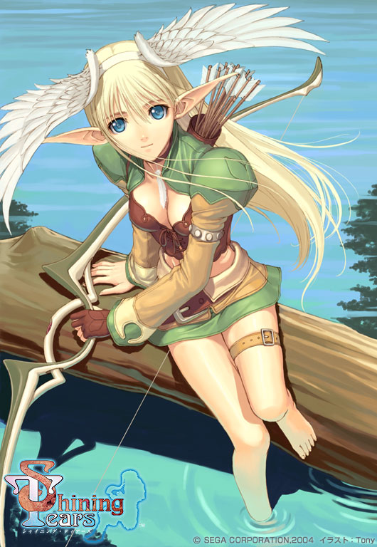 arm_support armlet arrow artist_name bangs barefoot beige_jacket beige_skirt belt blonde_hair blue_eyes bow_(weapon) breasts brown_belt brown_choker brown_gloves brown_ribbon buckle bustier choker cleavage closed_mouth collarbone company_name copyright_name crop_top cropped_jacket cross-laced_clothes dated day elf elwing_ra-nah_sylphith feathered_wings feathers feet floating_hair from_above full_body gloves gradient green_jacket green_skirt hair_between_eyes hairband head_wings hips holding holding_bow_(weapon) holding_weapon in_tree jacket juliet_sleeves leaning_to_the_side legs_together light_smile logo long_hair long_pointy_ears long_sleeves loose_belt medium_breasts midriff miniskirt multicolored multicolored_clothes official_art open_clothes open_jacket outdoors partly_fingerless_gloves pencil_skirt pointy_ears puffy_sleeves quiver ribbon shadow shining_(series) shining_tears single_glove sitting sitting_in_tree skirt slender_waist smile soaking_feet solo straight_hair studded_armlet tanaka_takayuki thigh_strap tree water weapon white_feathers white_hairband white_wings wings yugake