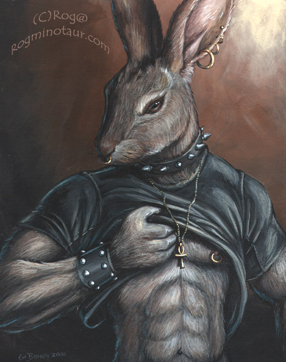 abs ankh clothing collar facial_piercing hare jewelry lagomorph leather male mammal muscles necklace nipples nose_piercing nose_ring piercing playboy rabbit rog_minotaur shirt solo spikes
