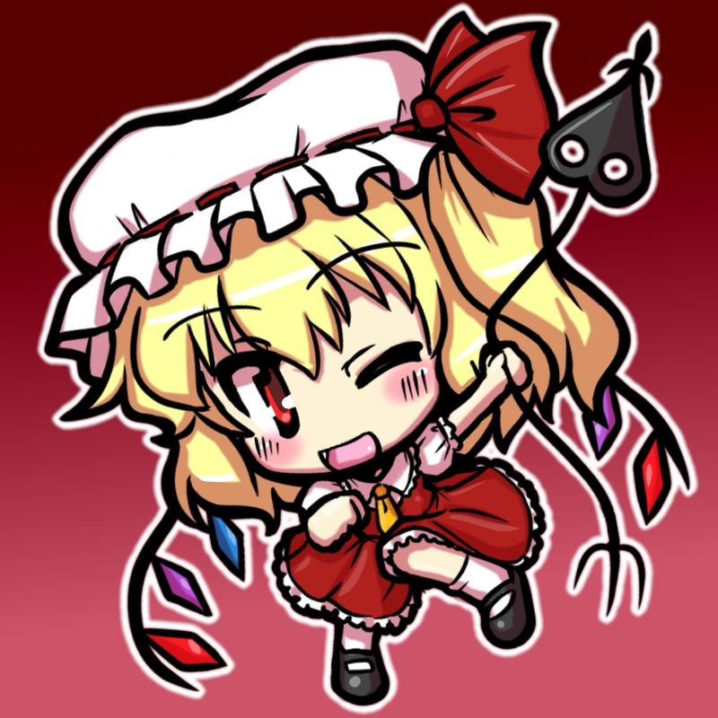 blonde_hair blush chibi dress eruru_(erl) fang flandre_scarlet hat laevatein one_eye_closed open_mouth red_dress red_eyes side_ponytail smile solo touhou wings