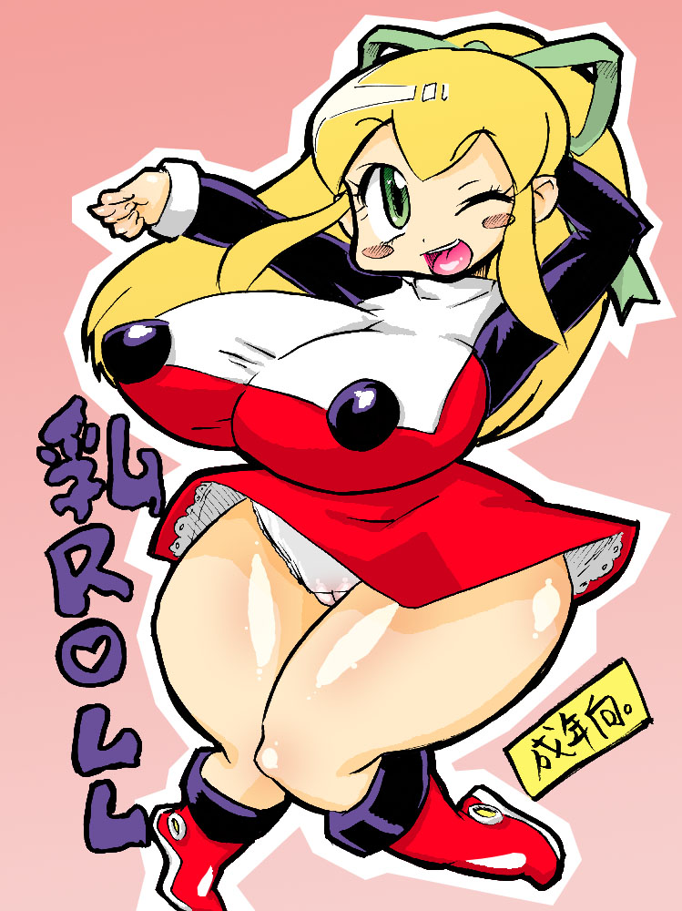 :d artist_request blonde_hair boots breasts cameltoe capcom chibi dress green_eyes hips huge_breasts open_mouth panties ribbon rockman rockman_(classic) roll smile super_deformed underwear upskirt wide_hips