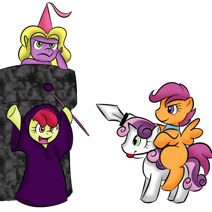 applebloom_(mlp) costume cub cutie_mark_crusaders_(mlp) dragon equine female feral friendship_is_magic horn horse male mammal my_little_pony pegasus plain_background pony scootaloo_(mlp) spike_(mlp) sweetie_belle_(mlp) sword unicorn vengeancemanifesto weapon white_background wings young