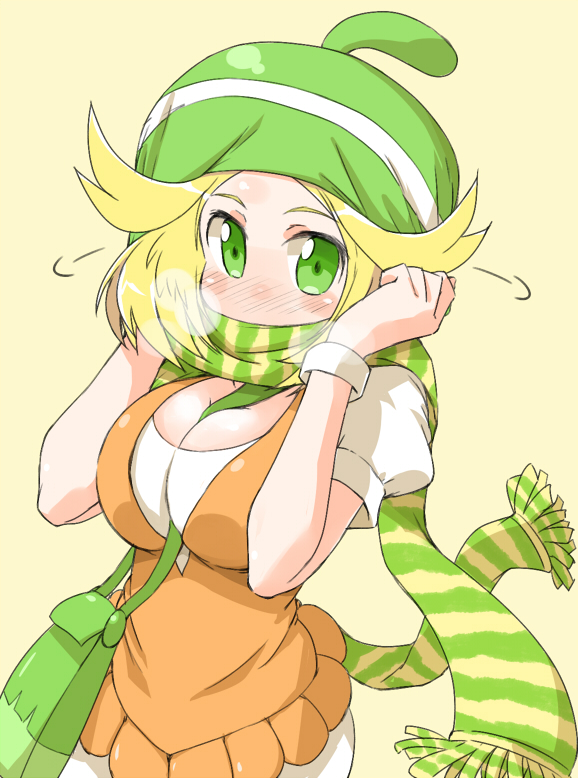 bag bel_(pokemon) beret between_breasts blonde_hair blush breasts breath cleavage green_eyes hat hat_tug large_breasts looking_at_viewer naitou_kouse pokemon puffy_short_sleeves puffy_sleeves scarf short_sleeves simple_background solo strap_cleavage striped striped_scarf yellow_background