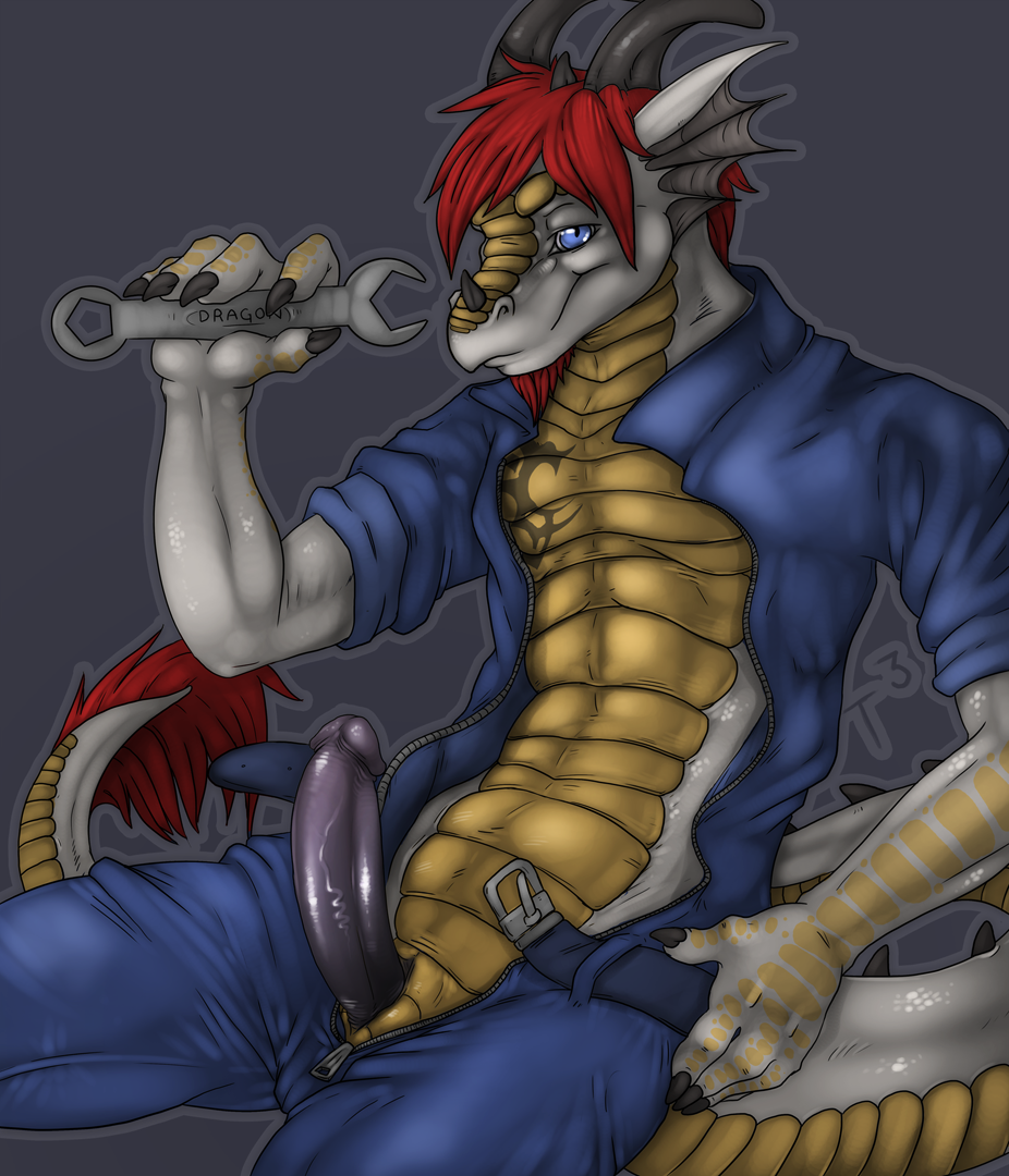 belt blue_eyes clothing dragon dragonmassiel erection hair horn horns jumpsuit looking_at_viewer male mechanic open_shirt penis plain_background red_hair scalie shirt sitting solo spanner tail tattoo thick_tail tojo_the_thief undressing unzipped vein wrench