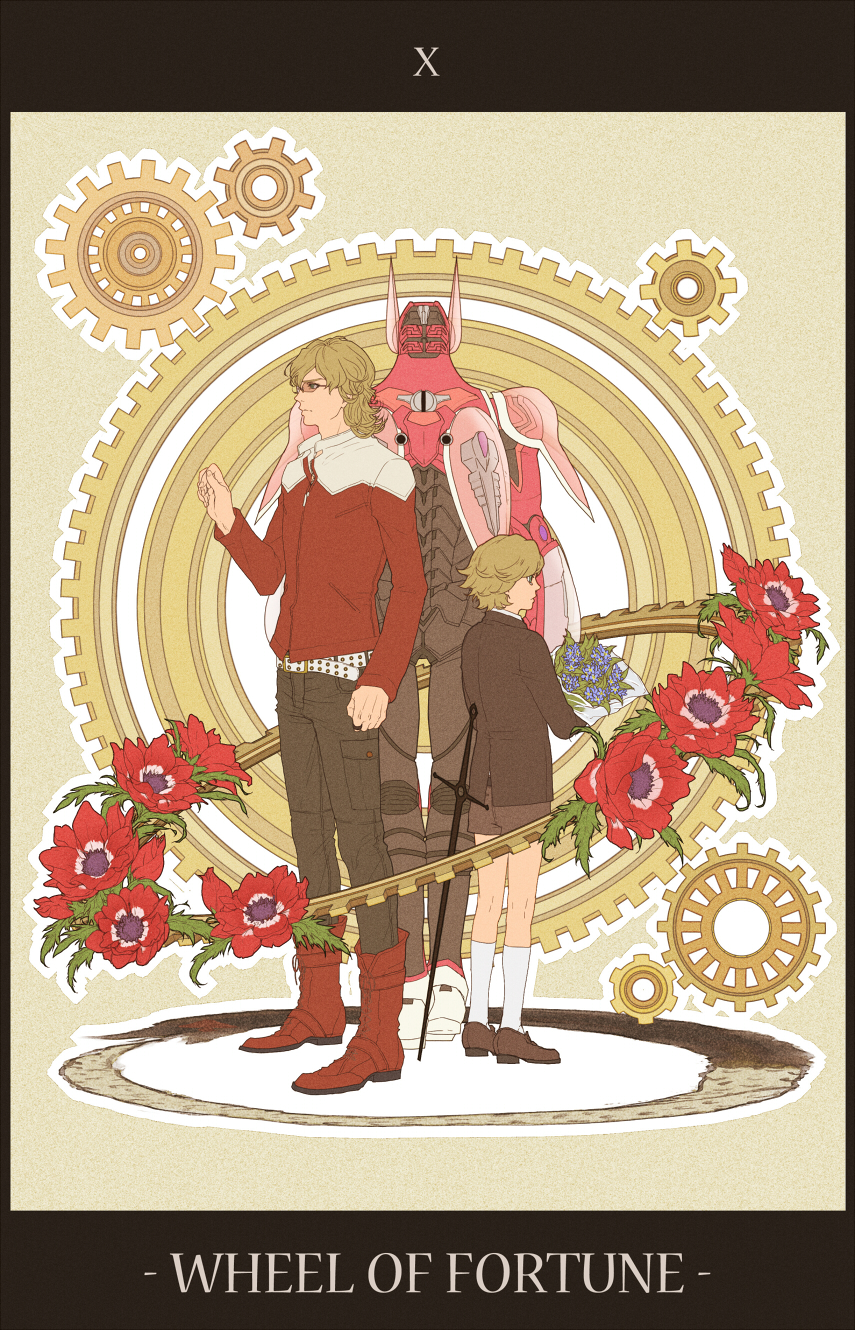barnaby_brooks_jr belt blonde_hair boots child flat_color flower formal gears glasses green_eyes highres jacket kneehighs male_focus multiple_persona power_armor power_suit ramta red_jacket shorts studded_belt superhero sword tarot tiger_&amp;_bunny weapon wheel_of_fortune_(tarot_card) white_legwear younger