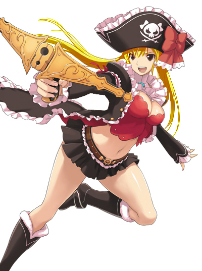 blonde_hair boots bow bow_(weapon) breasts brown_eyes bustier captain_liliana captain_liliana_(cosplay) cleavage cosplay crossbow dream_c_club dream_c_club_(series) frills hat jolly_roger karubi knee_boots large_breasts legs lingerie mian_(dream_c_club) midriff miniskirt navel open_mouth pirate pirate_hat pleated_skirt queen's_blade queen's_blade_rebellion skirt skull_and_crossed_swords solo thighs twintails underwear weapon